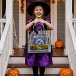Sac cadeau transparent personnalisé sur le thème d'Halloween, orné d'un personnage de dessin animé, avec prénom et nœud noir – Cadeau d'Halloween « Trick or Treat » pour les enfants