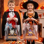 Personalized Halloween Theme Cartoon Bear Clear Gift Bag with Name and Bow Ribbon Trick or Treat Halloween Gift for Kids