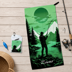 Personalised Fishing Silhouette Colourful Portable Quick Drying Outdoor Towel with Name and Lanyard Fishing Activities Birthday Gift for Men Women