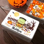 Boîte de rangement en fer-blanc personnalisée sur le thème d'Halloween, avec un adorable ourson de dessin animé, de qualité alimentaire, avec prénom – Cadeau pour une fête d'Halloween destiné aux enfa