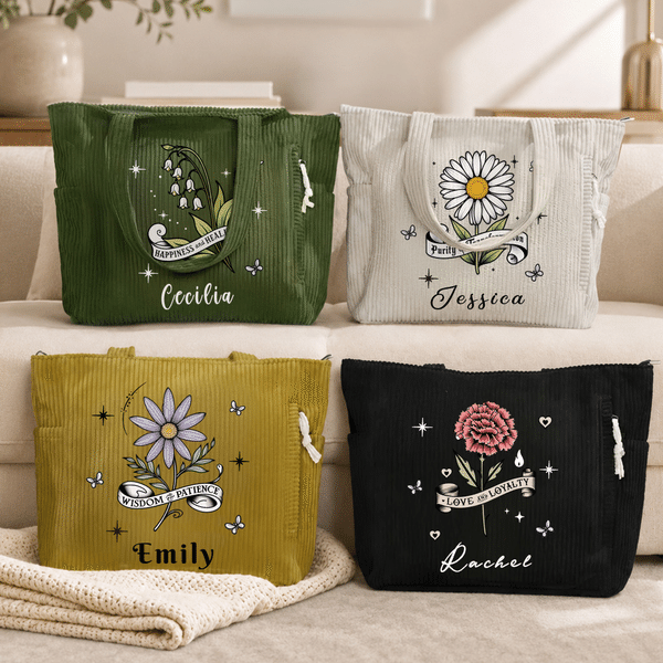 Personalized Retro Birth Flower Multicolor Large Capacity Corduroy Tote Bag with Name Travel Daily Use Birthday Anniversary Gift for Women