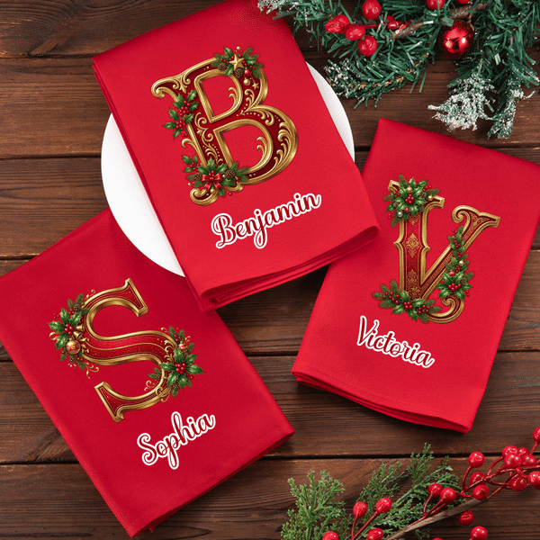 Serviette de table rouge 100 % coton au motif personnalisé « Clochette de Noël au houx », avec prénom – Décoration de table – Cadeau pour les fêtes de Noël, les fêtes de famille, les amis et les enfan