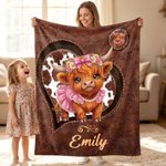 Morbida coperta decorativa personalizzata con motivo a cuoricini e mucche delle Highlands, con nome: decorazione per la casa e regalo di compleanno per gli amanti delle mucche delle Highlands e per i 