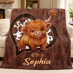Morbida coperta decorativa personalizzata con motivo a cuoricini e mucche delle Highlands, con nome: decorazione per la casa e regalo di compleanno per gli amanti delle mucche delle Highlands e per i 