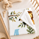 Coperta morbida personalizzata con simpatici motivi di scimmietta, giraffa, elefante e leone, con nome: decorazione per la cameretta, regalo per baby shower e compleanno, per bambino e bambina