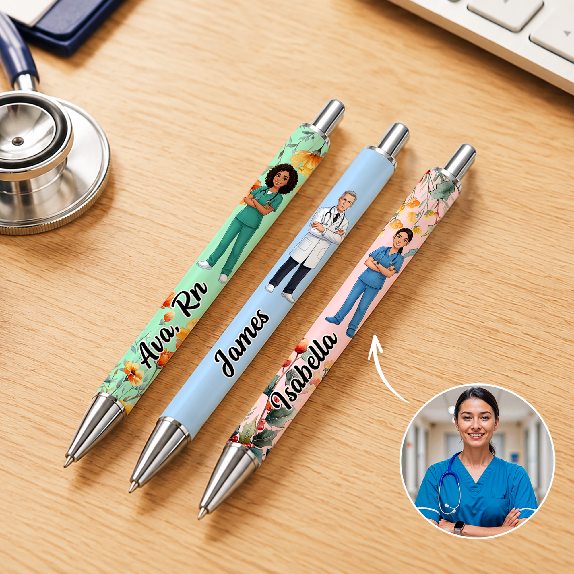 Personalisierter Kugelschreiber mit Cartoon-Motiv einer Geburtsblume, Arzt- oder Krankenschwester-Figur und Namensaufdruck – Geschenk zur Wertschätzung von Krankenschwestern und medizinischem Personal