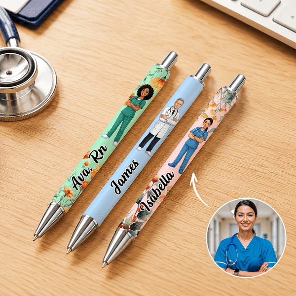 Stylo à bille personnalisé avec illustration de fleur de naissance, personnage de dessin animé représentant un médecin ou une infirmière, avec prénom gravé – Cadeau de remerciement pour le personnel s