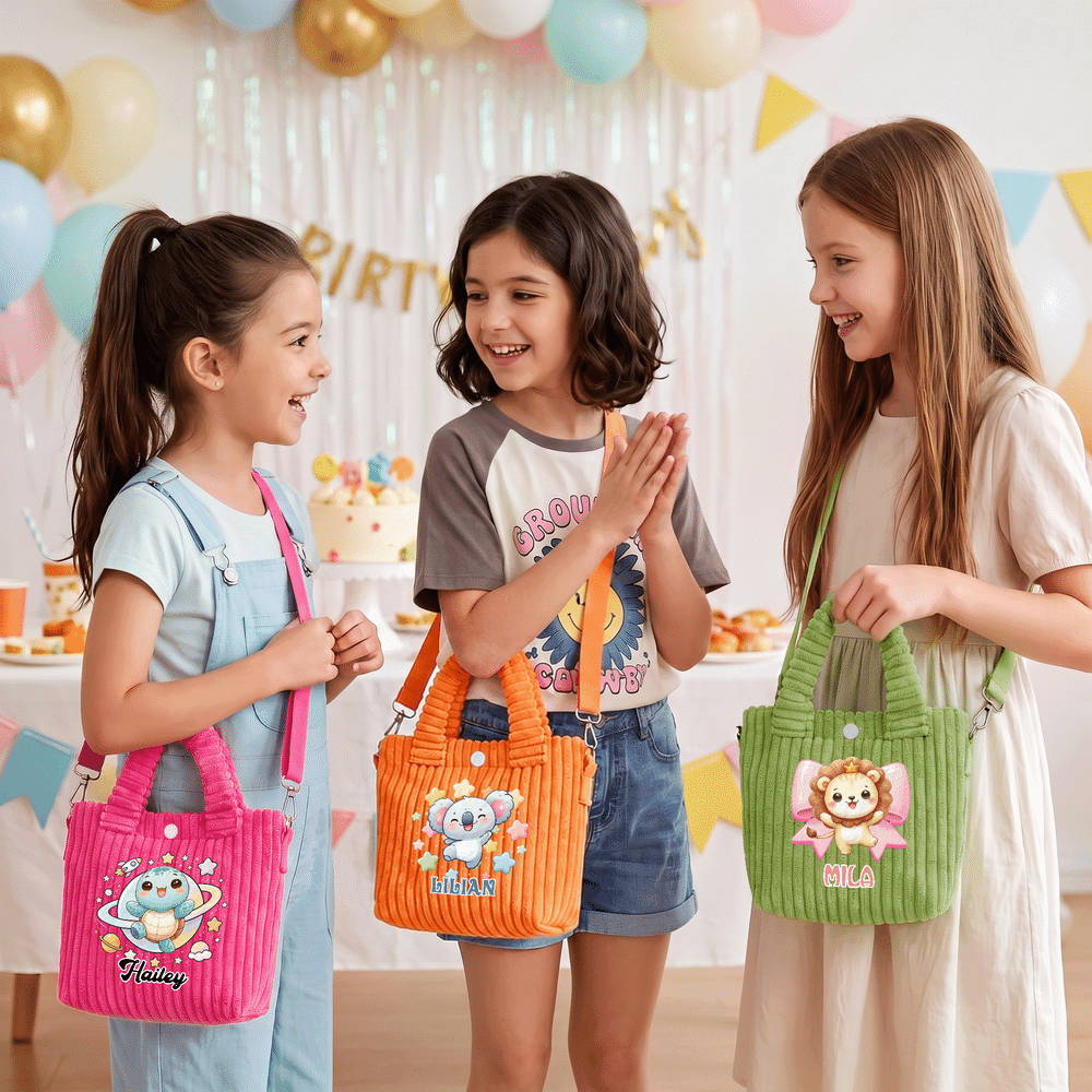 Personalised Cute Colourful Cartoon Animal Corduroy Crossbody Handbag with Name Daily Use Travel Birthday Gift for Kids Girls 3