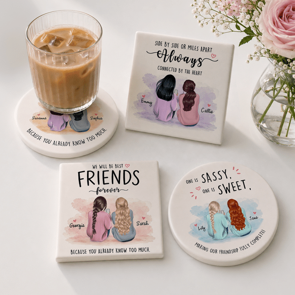Posavasos de cerámica personalizados con dibujo de dibujos animados: «Mejor amigo», vista trasera, forma cuadrada o redonda, con nombres y texto. Regalo de amistad, de cumpleaños o «porque sí» para lo