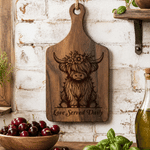 Personalized Highland Cow Reversible Wooden Cheese Charcuterie Cutting Board with Text and Handle Housewarming Birthday Gift for Family