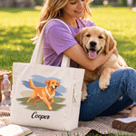 Personalised Cute Pet Running Photo Large Capacity Corduroy Tote Bag with Name Daily Use Birthday Gift for Pet Lovers Owners