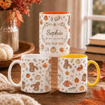 Gepersonaliseerde herfstmok met esdoornblad en pompoenmotief, 11 oz en 15 oz, van keramiek, met naam en tekst – dankdag- of verjaardagscadeau voor familie of vrienden