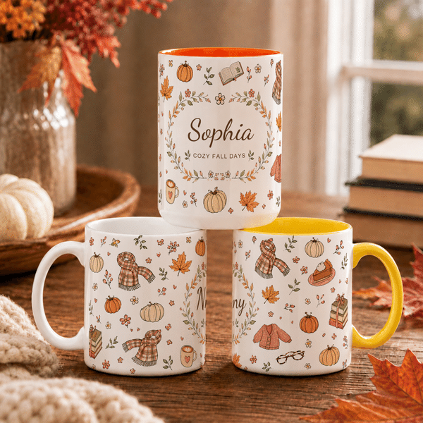 Gepersonaliseerde herfstmok met esdoornblad en pompoenmotief, 11 oz en 15 oz, van keramiek, met naam en tekst – dankdag- of verjaardagscadeau voor familie of vrienden