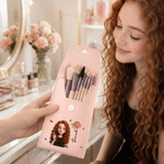 Personalised Birth Flower 3D Style Artwork Cartoon Photo Character PU Leather Makeup Bag with 8 Makeup Brushes Daily Use Birthday Gift for Woman