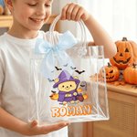 Personalized Halloween Theme Cartoon Bear Clear Gift Bag with Name and Bow Ribbon Trick or Treat Halloween Gift for Kids