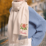 Sciarpa-scialle personalizzata con fiore di nascita multicolore, morbida e calda, con nappine e nome – Accessorio invernale, regalo di Natale per donne