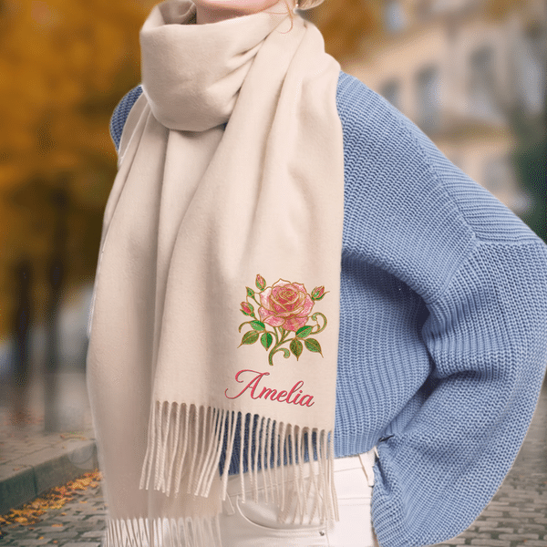 Personalized Multicolor Birth Flower Soft Warm Tassel Scarf Shawl with Name Winter Accessory Christmas Gift for Women