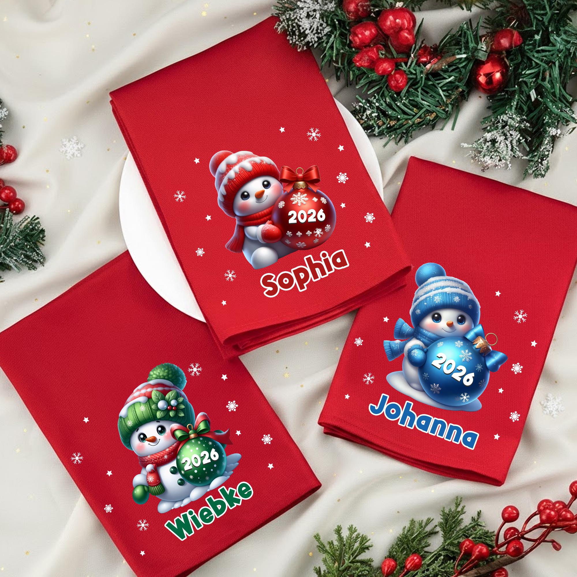 Personalisierte 100% Baumwolle Serviette mit Schneemann & Namen | Wiederverwendbar | Tischdeko | Weihnachten Geschenk für Familie & Freunde