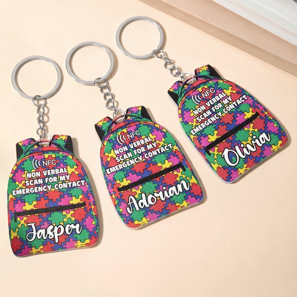 Personalized Colorful School Bag Autism Emergency NFC Tap-to-View Contact Tag with Name and Number Daily Use Back to School Gift for Autism Kids