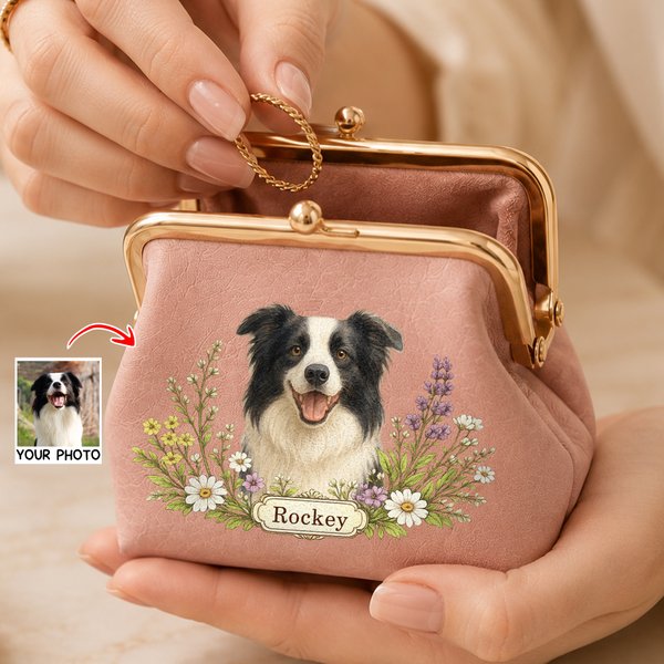 Personalized Floral Pet Photo Portable PU Leather Coin Purse with Name and Kiss Lock Travel Essential Birthday Gift for Dog Cat Pet Owner Lovers