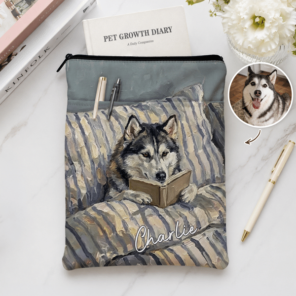 Personalised Oil Painting Style Pet Photo Book Sleeve Cover with Name Zipper and Front Pocket Daily Use Birthday Gift for Bookworms