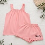 Personalised Embroidered Name Ruffle Summer Pyjama Set Wedding Birthday Gift for Flower Girl Daughter