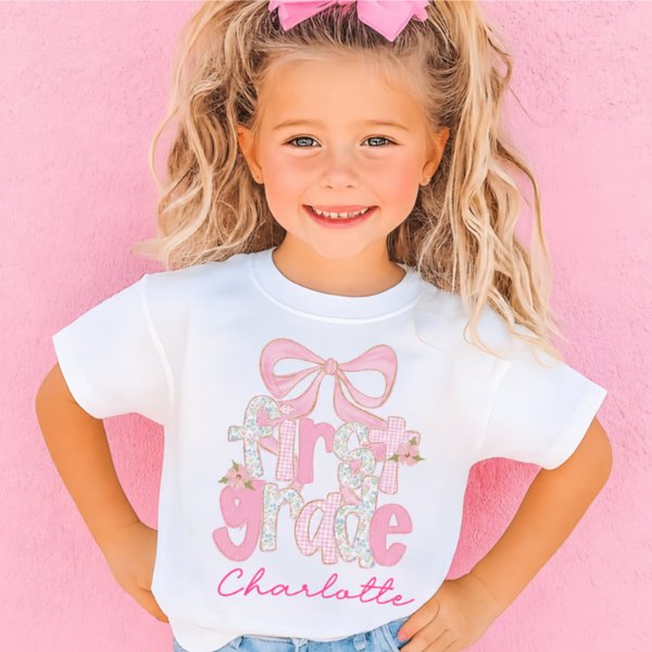 Personalised Pink Glitter Bow Grade Kid T-shirt Sweatshirt Hoodie with Name Birthday First Day of School Gift for Kids Girls