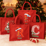 Personalized Christmas Theme Initial Large Capacity Red Jute Tote Bag with Name Christmas Party Gift for Children Family Friends