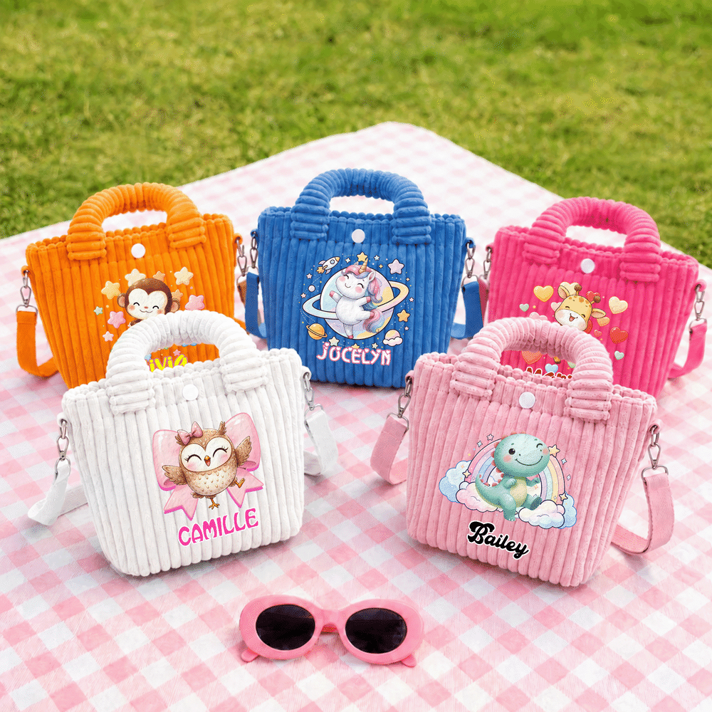 Personalised Cute Colourful Cartoon Animal Corduroy Crossbody Handbag with Name Daily Use Travel Birthday Gift for Kids Girls 7