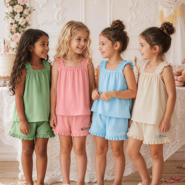 Personalised Embroidered Name Ruffle Summer Pyjama Set Wedding Birthday Gift for Flower Girl Daughter