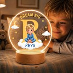 Personalised Dream Big Cartoon 3D-Style Character Artwork Photo LED Night Light with Wooden Base and Name Bedroom Decor Birthday Gift for Children
