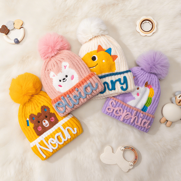 Personalised Cute Fantasy Unicorn Dinosaur Warm Soft Knit Pom Pom Beanie with Name Winter Birthday Gift for Kids