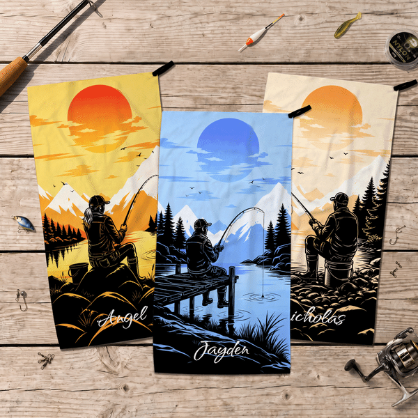Personalised Fishing Silhouette Colourful Portable Quick Drying Outdoor Towel with Name and Lanyard Fishing Activities Birthday Gift for Men Women