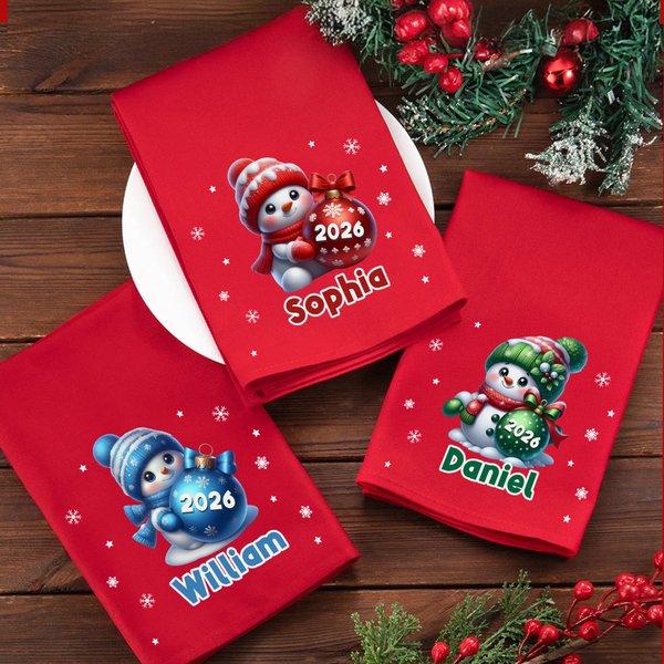 Personalized Christmas Snowman 100% Cotton Reusable Table Napkin with Name and Year Table Decor Christmas Gift for Family Friends