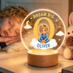 Personalised Dream Big Cartoon 3D-Style Character Artwork Photo LED Night Light with Wooden Base and Name Bedroom Decor Birthday Gift for Children