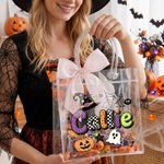 Personalized Cute Halloween Theme Transparent Tote Bag with Name and Bow Halloween Party Gift for Kids