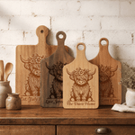 Personalized Highland Cow Reversible Wooden Cheese Charcuterie Cutting Board with Text and Handle Housewarming Birthday Gift for Family