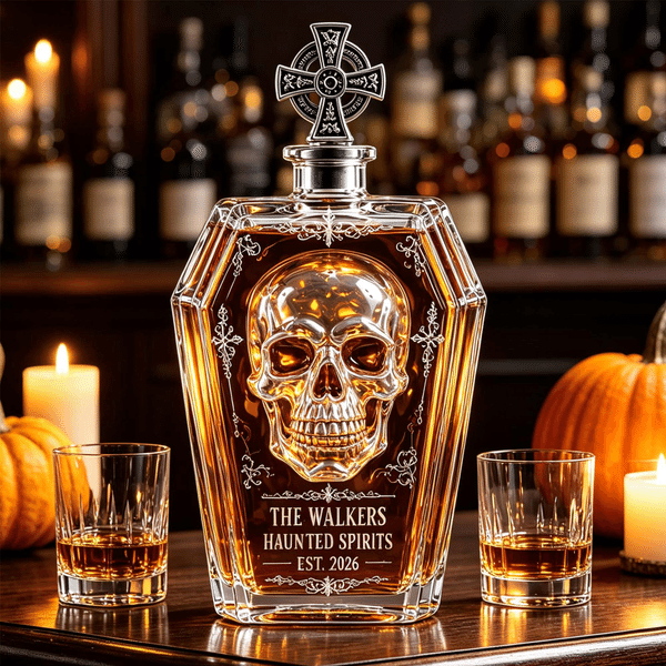 Personalized Coffin Whiskey Decanter with Text & Date, Gothic Skull Glass Liquor Bottle, Cross Stopper, Halloween Bar Decor, Gift for Friends