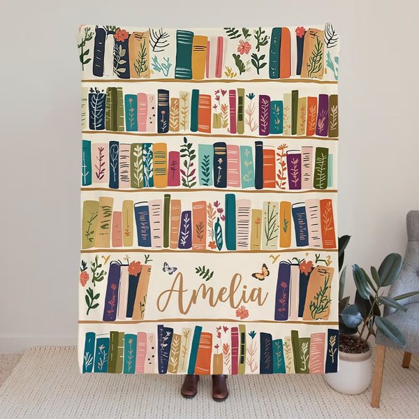 Manta suave personalizada con diseño de estantería de libros retro y flores silvestres con nombre regalo de cumpleaños para amantes de los libros