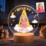 Personalised Dream Big Cartoon 3D-Style Character Artwork Photo LED Night Light with Wooden Base and Name Bedroom Decor Birthday Gift for Children