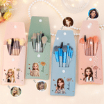 Personalised Birth Flower 3D Style Artwork Cartoon Photo Character PU Leather Makeup Bag with 8 Makeup Brushes Daily Use Birthday Gift for Woman