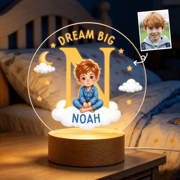 Personalised Dream Big Cartoon 3D-Style Character Artwork Photo LED Night Light with Wooden Base and Name Bedroom Decor Birthday Gift for Children