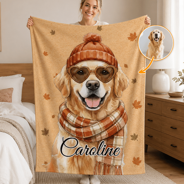Manta suave personalizada con diseño de otoño, con foto de mascota y hoja de arce, con nombre; decoración para el hogar y regalo de cumpleaños para los amantes de las mascotas