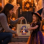 Personalized Halloween Ghost Pumpkin Checkered Initial Large Capacity Jute Bag with Name Halloween Party Trick or Treat Activity Gift for Kids