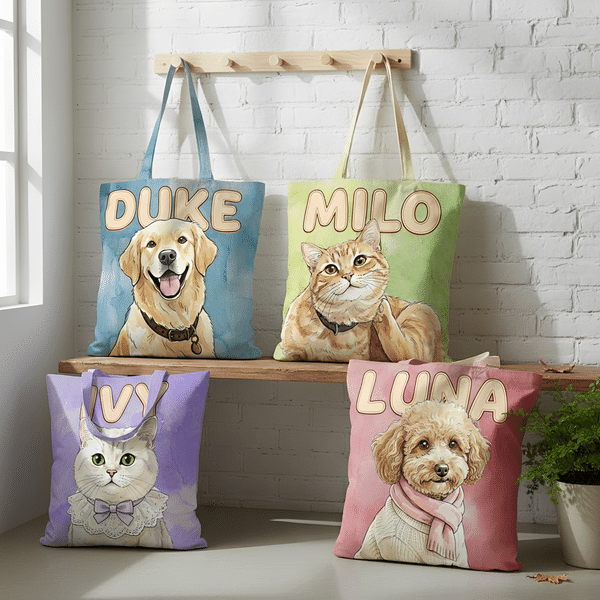 Personalized Watercolor Pet Portrait Canvas Tote Bag with Name and Photo Daily Use Birthday Gift for Pet Owners Lovers