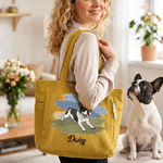 Personalised Cute Pet Running Photo Large Capacity Corduroy Tote Bag with Name Daily Use Birthday Gift for Pet Lovers Owners