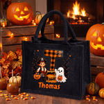 Personalized Halloween Ghost Pumpkin Checkered Initial Large Capacity Jute Bag with Name Halloween Party Trick or Treat Activity Gift for Kids