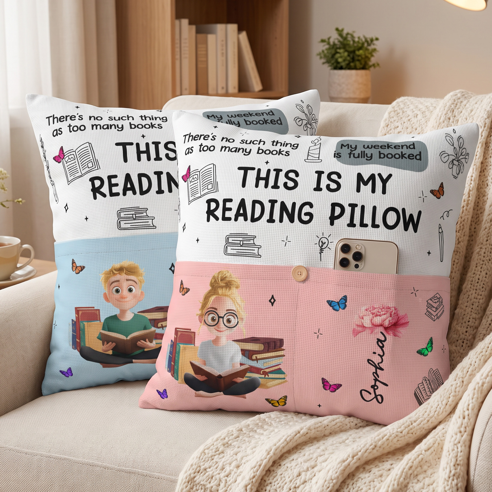 Personalisierter Kissenbezug „This Is My Reading Pillow“ mit Cartoon-Figur, Tasche, Geburtsblume und Namen – Geburtstagsgeschenk für Leser und Buchliebhaber
