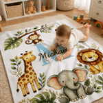 Coperta morbida personalizzata con simpatici motivi di scimmietta, giraffa, elefante e leone, con nome: decorazione per la cameretta, regalo per baby shower e compleanno, per bambino e bambina