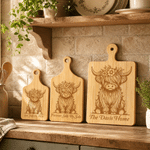 Personalized Highland Cow Reversible Wooden Cheese Charcuterie Cutting Board with Text and Handle Housewarming Birthday Gift for Family